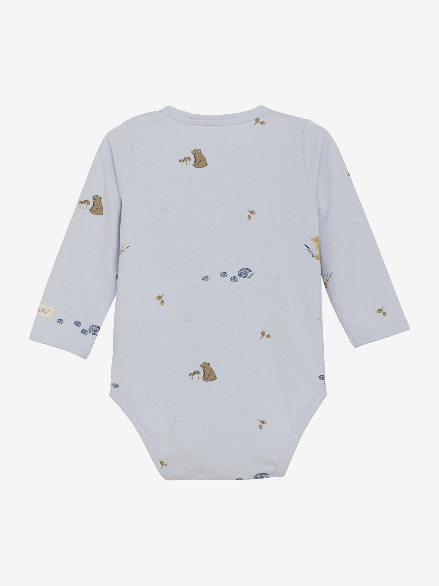 Der langärmlige Wickelbody von Fixoni in zartem Hellblau besticht durch kleine, zurückhaltende Tiermotive und verbindet elegantes Design mit angenehmem Tragekomfort.