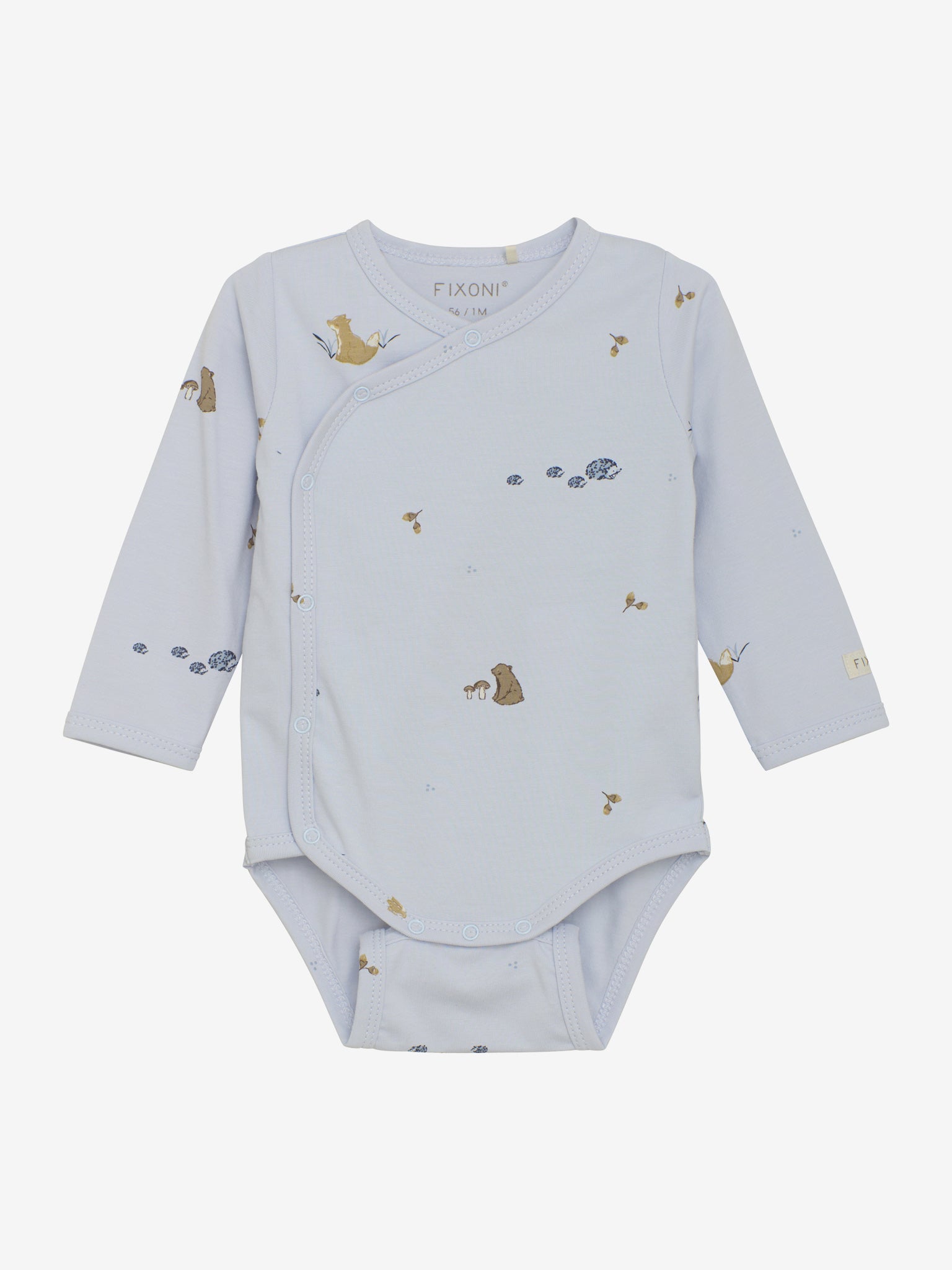 Der langärmlige Wickelbody von Fixoni in zartem Hellblau besticht durch kleine, zurückhaltende Tiermotive und verbindet elegantes Design mit angenehmem Tragekomfort.
