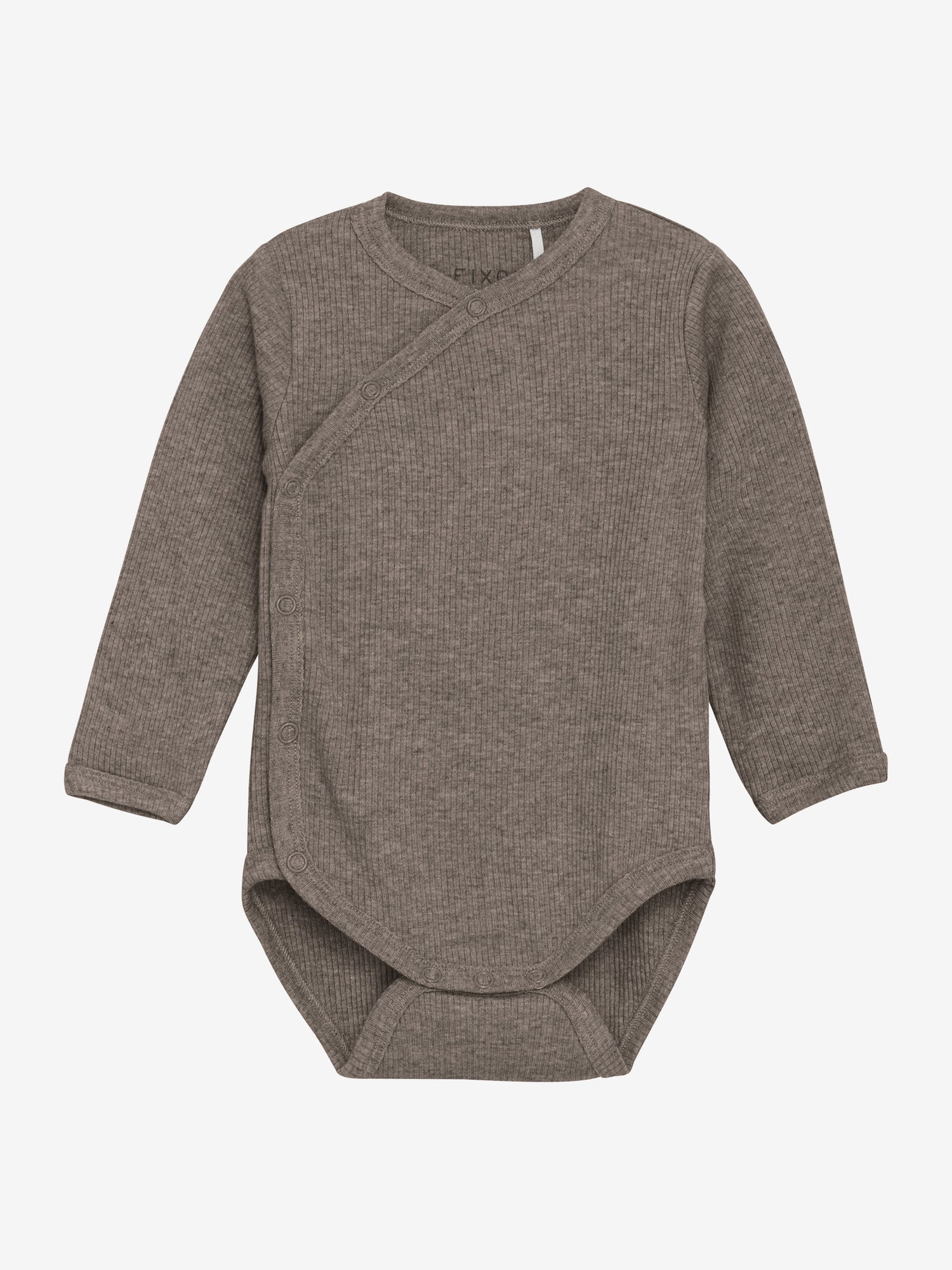 Dieser langärmlige Wickelbody von Fixoni besticht durch sein meliertes Braun und die feine Rippstruktur.