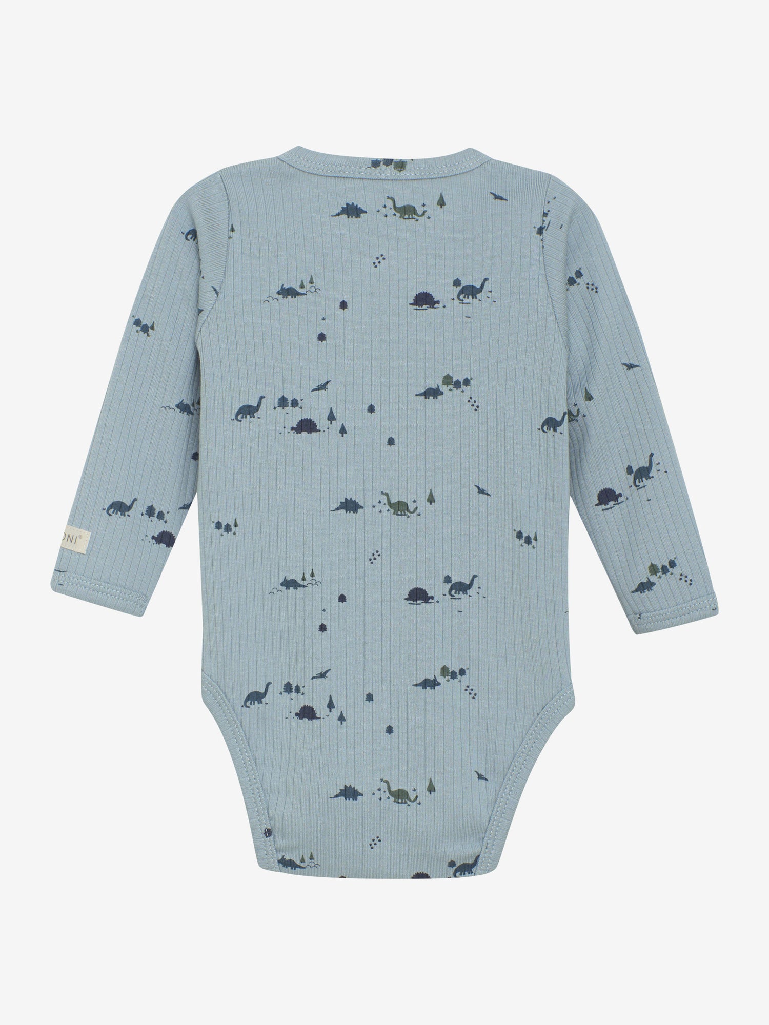 Der blaue Wickelbody aus Rippstrick von Fixoni ist mit feinen Dinosaurier-Motiven versehen und bietet eine hochwertige, bequeme Passform.