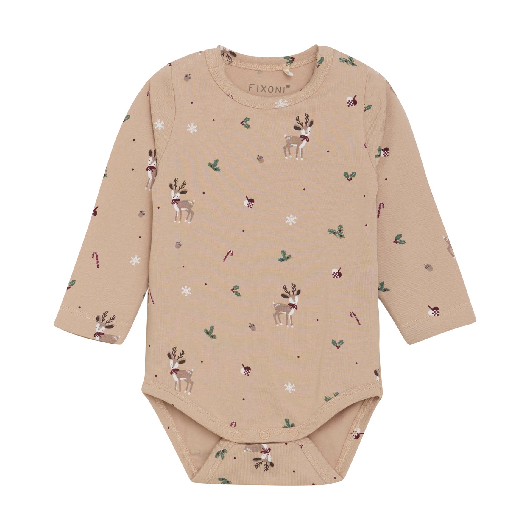 Dieser beige Langarm-Body von Fixoni überzeugt mit dezenten Weihnachtsmotiven und sorgt für festliche Stimmung bei Ihrem Baby.