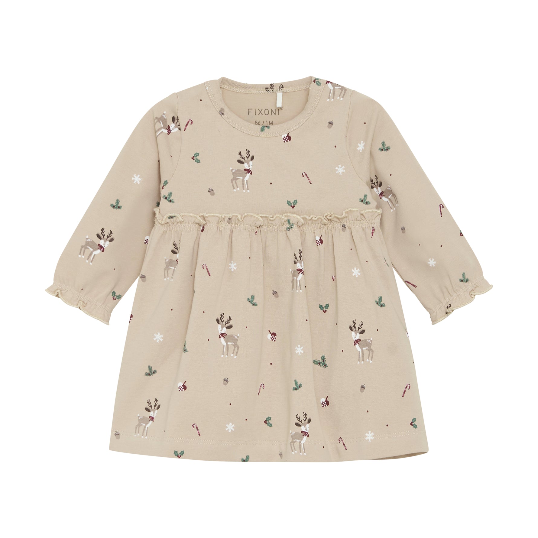 Dieses langärmelige Bodykleid von Fixoni in Beige besticht durch zarte, weihnachtliche Motive und sorgt für festliche Eleganz in der kalten Jahreszeit.