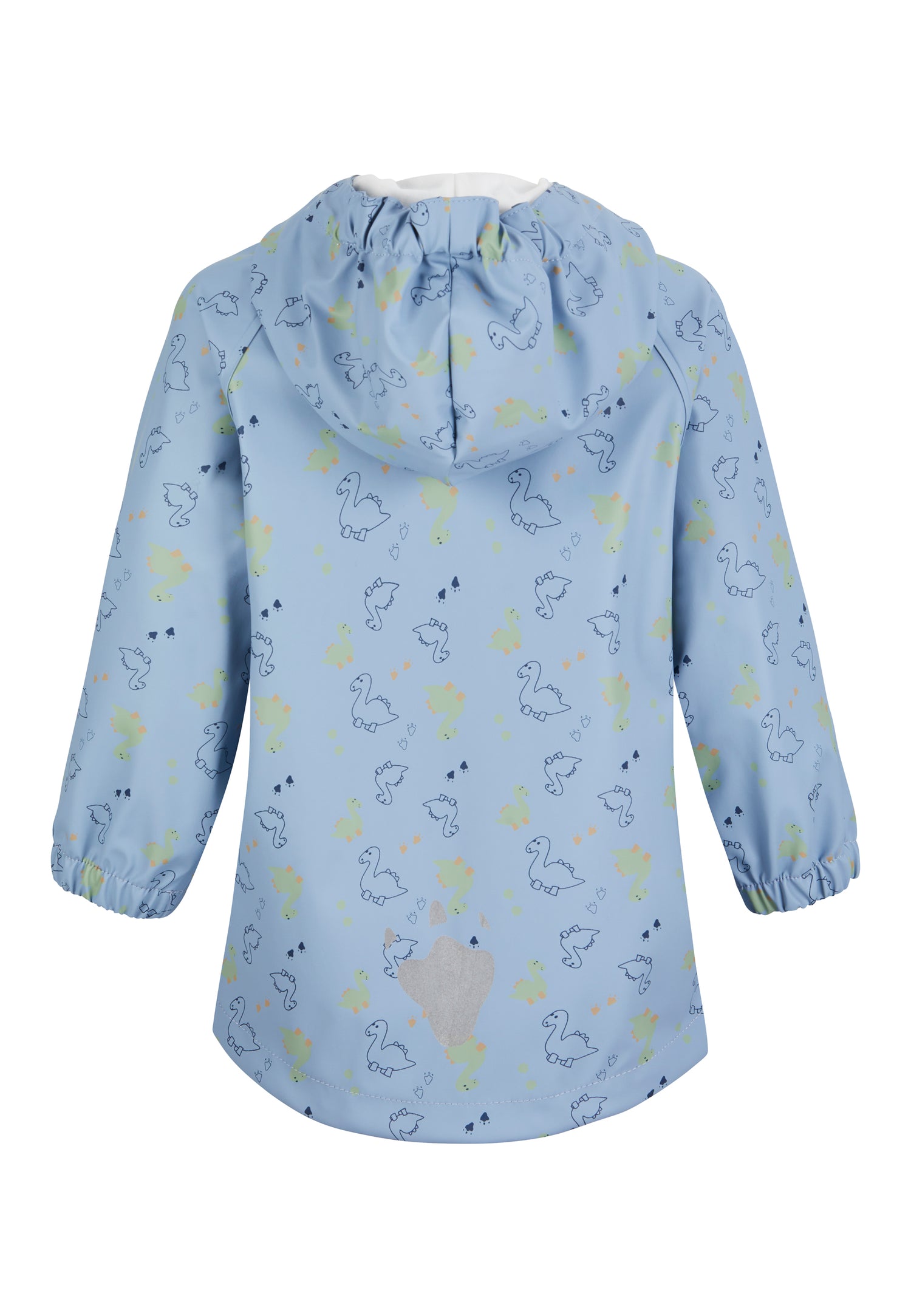 Diese wasserdichte Regenjacke mit Dino-Print schützt zuverlässig vor Nässe. Sie verfügt über verschweißte Nähte, praktische Taschen und eine gefütterte Kapuze. Ein reflektierender Fußabdruck auf dem Rücken sorgt für zusätzliche Sichtbarkeit bei schlechten Lichtverhältnissen. Der Reißverschluss rundet das durchdachte Design ab.