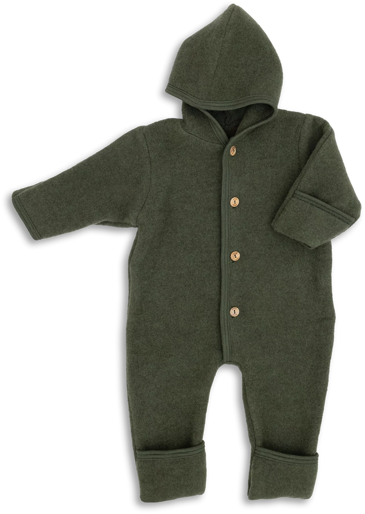 Der Baby-Fleeceoverall von Engel aus 100% Bio-Merinoschurwolle mit Kapuze hält rundum kuschelig warm. Bein- und Armenden lassen sich dank der Umschläge praktisch über die kleinen Hände und Füße stülpen. So ist der Nachwuchs bestens vor der Kälte geschützt. Wenn die Umschläge nicht übergestülpt werden, wächst der Overall wunderbar mit.