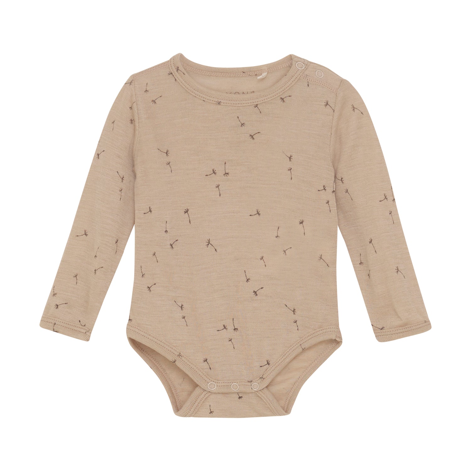 Entdecken Sie den Komfort und die Weichheit von unserem langarm Body von Fixoni in beige mit einem süßen Pusteblumenprint aus hochwertiger Wolle und Seide. Perfekt für empfindliche Haut und optimal für kalte Tage