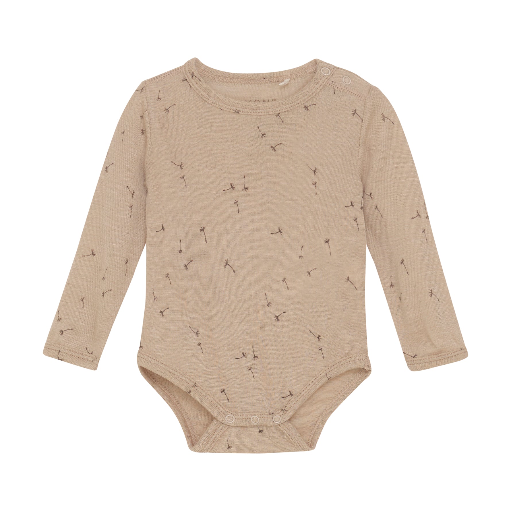 Entdecken Sie den Komfort und die Weichheit von unserem langarm Body von Fixoni in beige mit einem süßen Pusteblumenprint aus hochwertiger Wolle und Seide. Perfekt für empfindliche Haut und optimal für kalte Tage