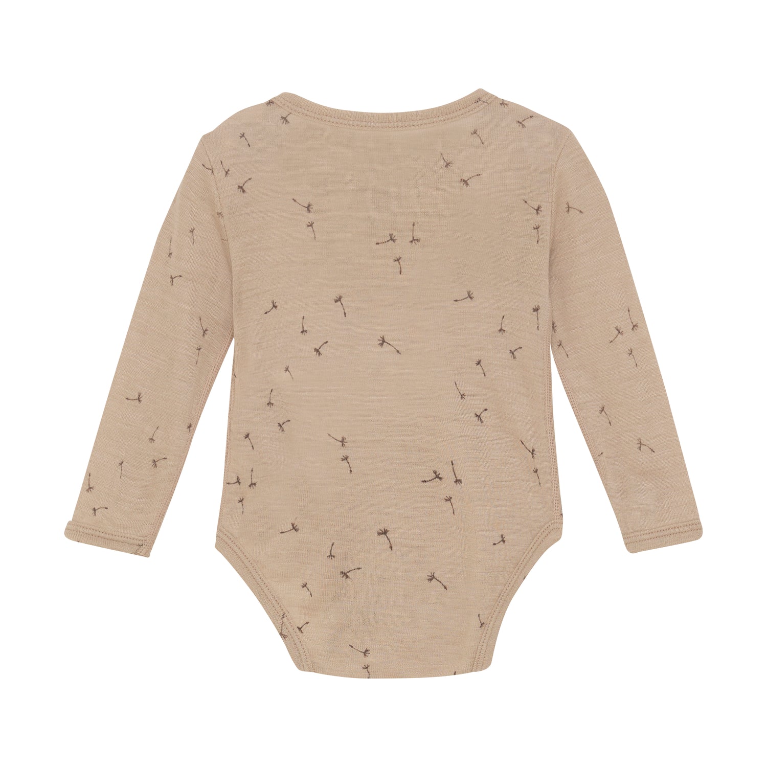 Entdecken Sie den Komfort und die Weichheit von unserem langarm Body in beige mit einem süßen Pusteblumenprint aus hochwertiger Wolle und Seide. Perfekt für empfindliche Haut und optimal für kalte Tage