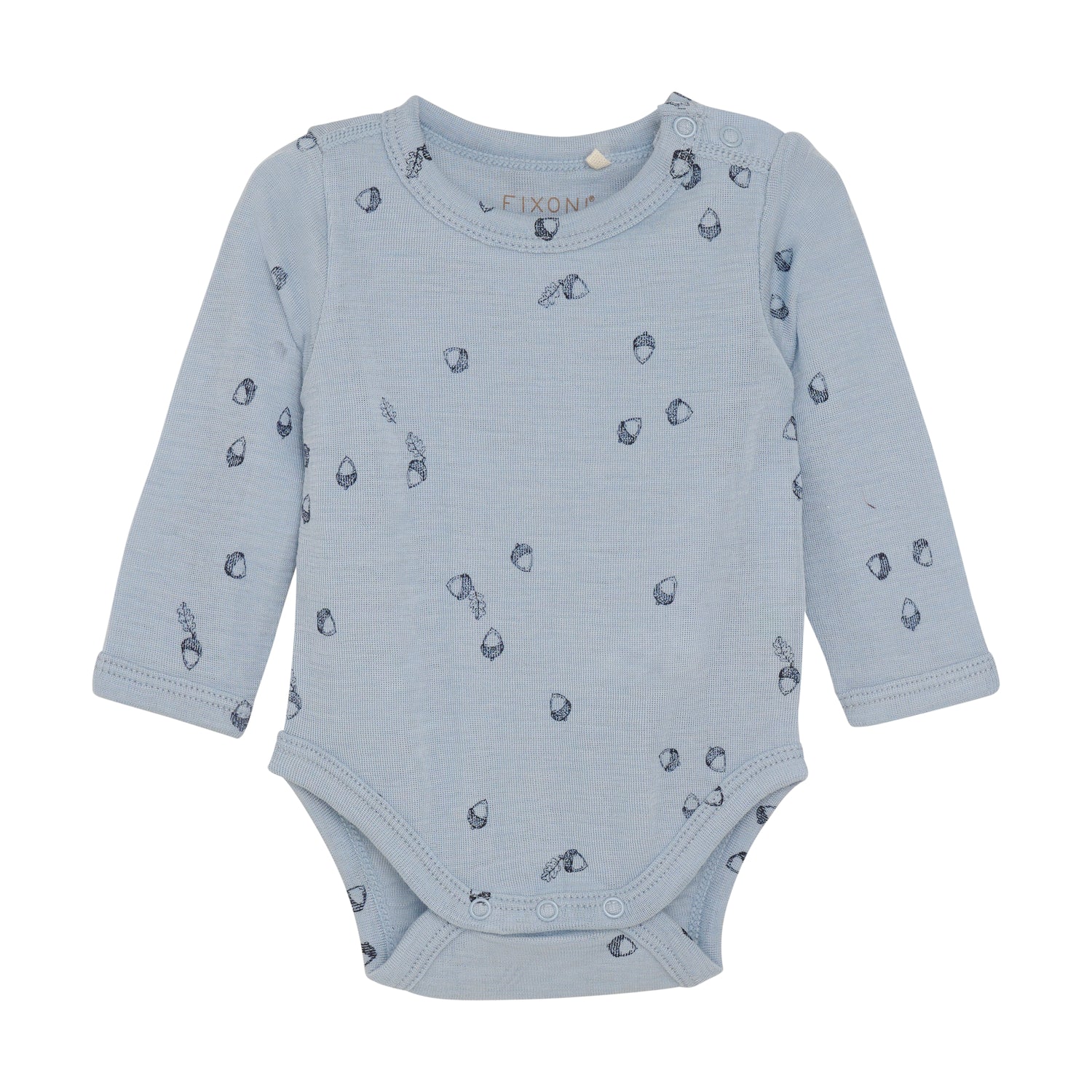 Entdecken Sie den Komfort und die Weichheit von unserem langarm Body von Fixoni in hellblau mit einem süßen Eichelprint aus hochwertiger Wolle und Seide. Perfekt für empfindliche Haut und optimal für kalte Tage. 