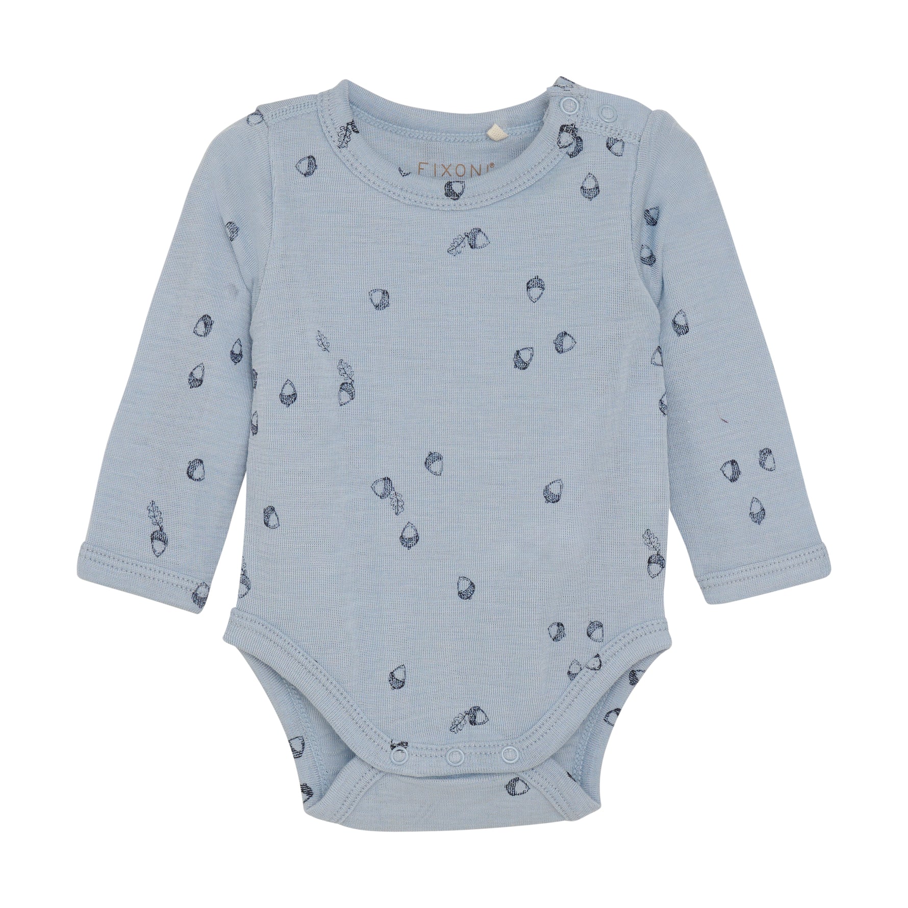 Entdecken Sie den Komfort und die Weichheit von unserem langarm Body von Fixoni in hellblau mit einem süßen Eichelprint aus hochwertiger Wolle und Seide. Perfekt für empfindliche Haut und optimal für kalte Tage. 