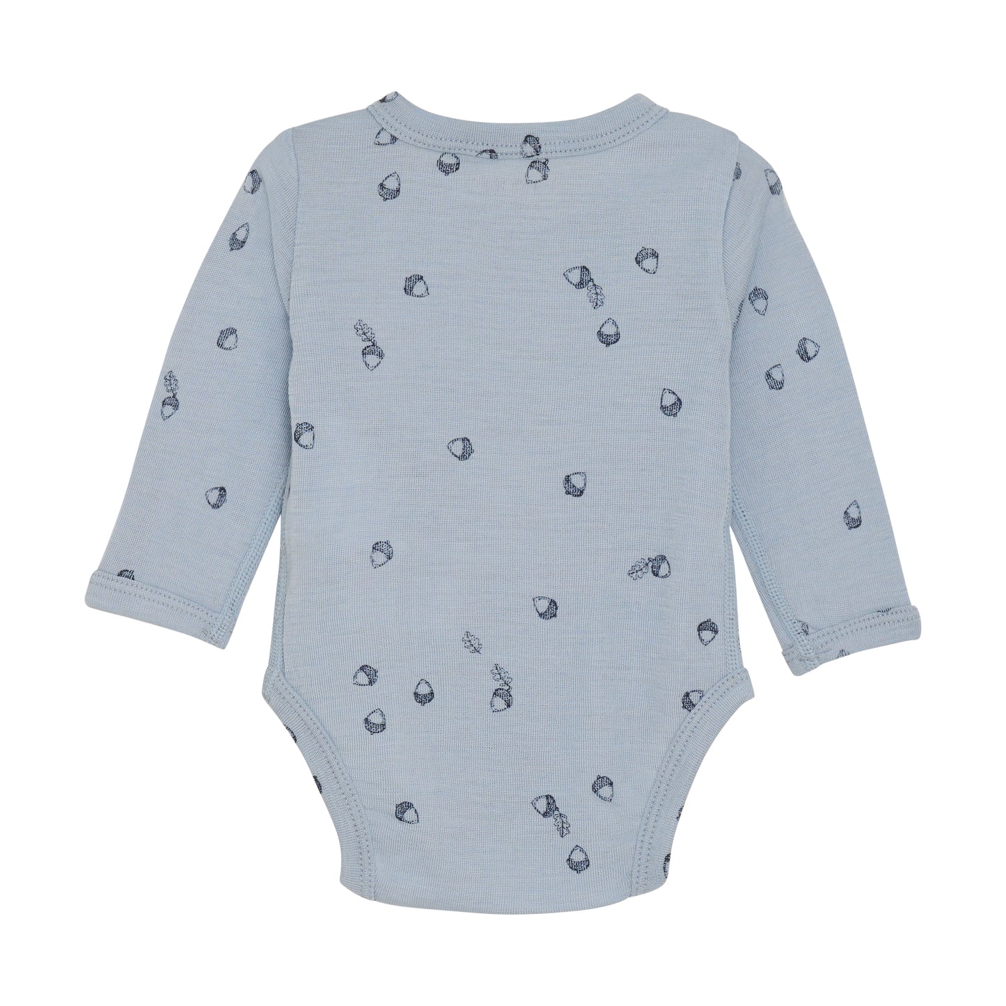 Entdecken Sie den Komfort und die Weichheit von unserem langarm Body in hellblau mit einem süßen Eichelprint aus hochwertiger Wolle und Seide. Perfekt für empfindliche Haut und optimal für kalte Tage. 