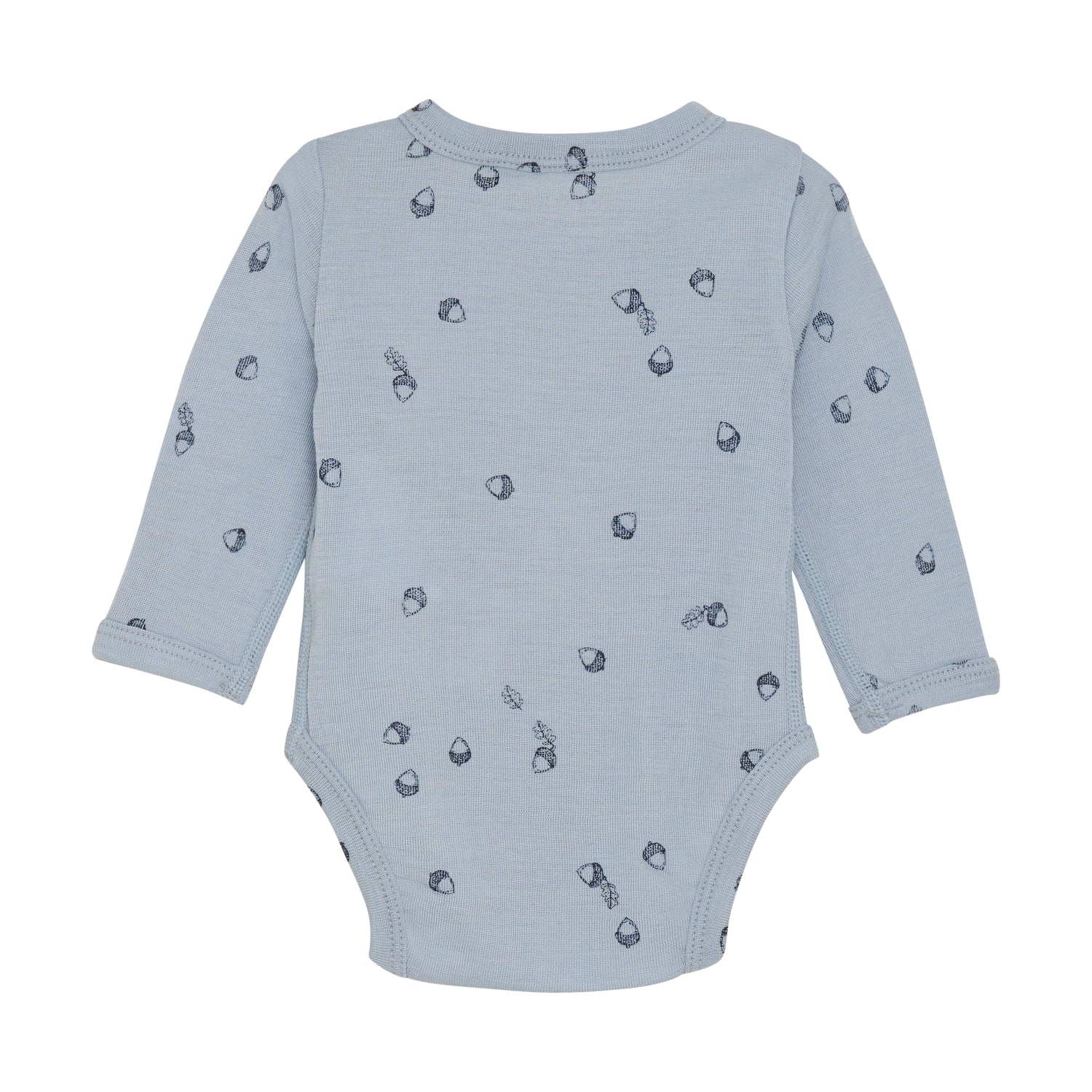 Entdecken Sie den Komfort und die Weichheit von unserem langarm Body in hellblau mit einem süßen Eichelprint aus hochwertiger Wolle und Seide. Perfekt für empfindliche Haut und optimal für kalte Tage. 