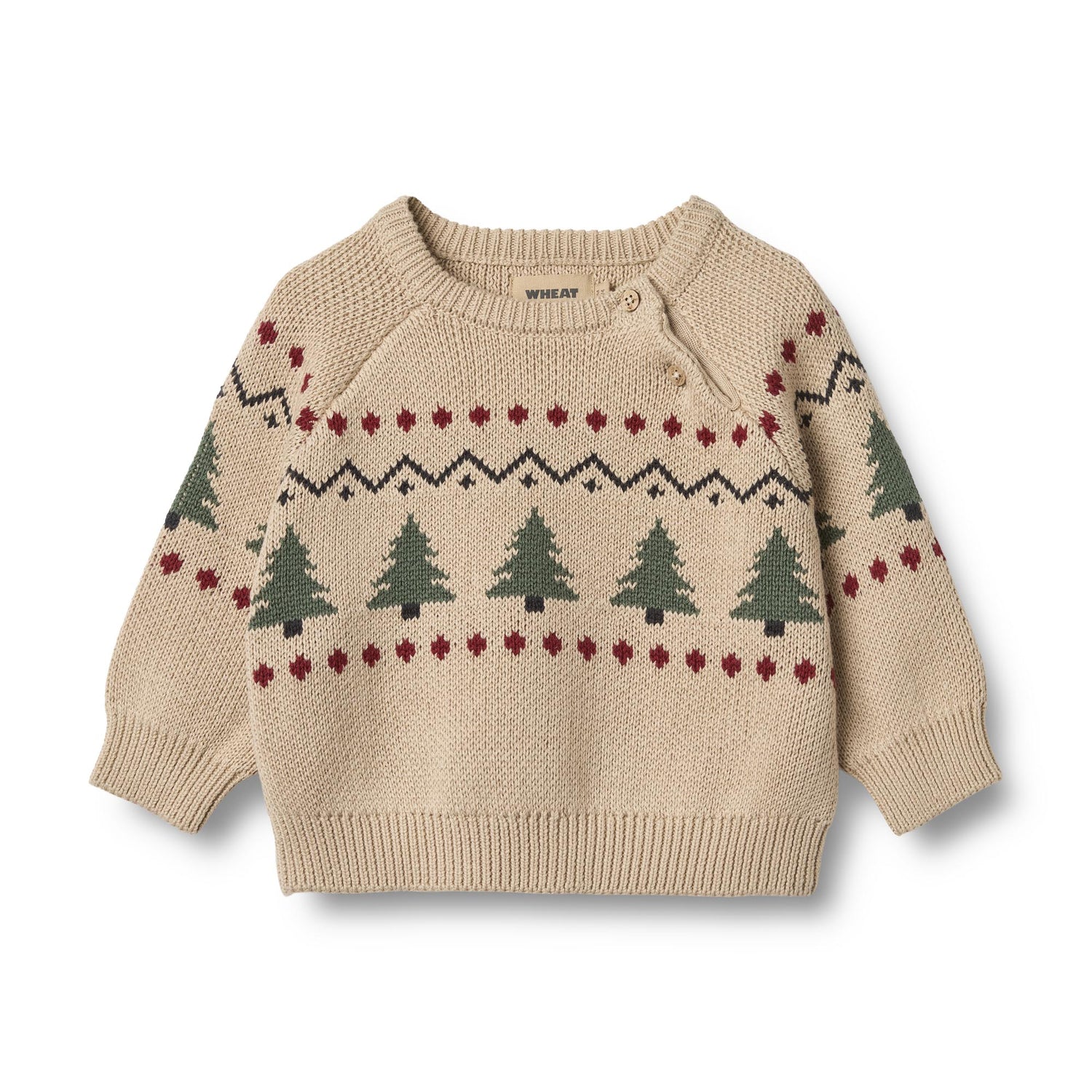 Der Jacquard Pullover Balou von WHEAT aus weicher Bio-Baumwolle bietet mit lockerem Schnitt und festlichem Weihnachtsprint genau den richtigen Komfort für spielerische Kinder. Mit elastischen Bündchen und zertifizierter Qualität ist er perfekt für gemütliche Wintertage.