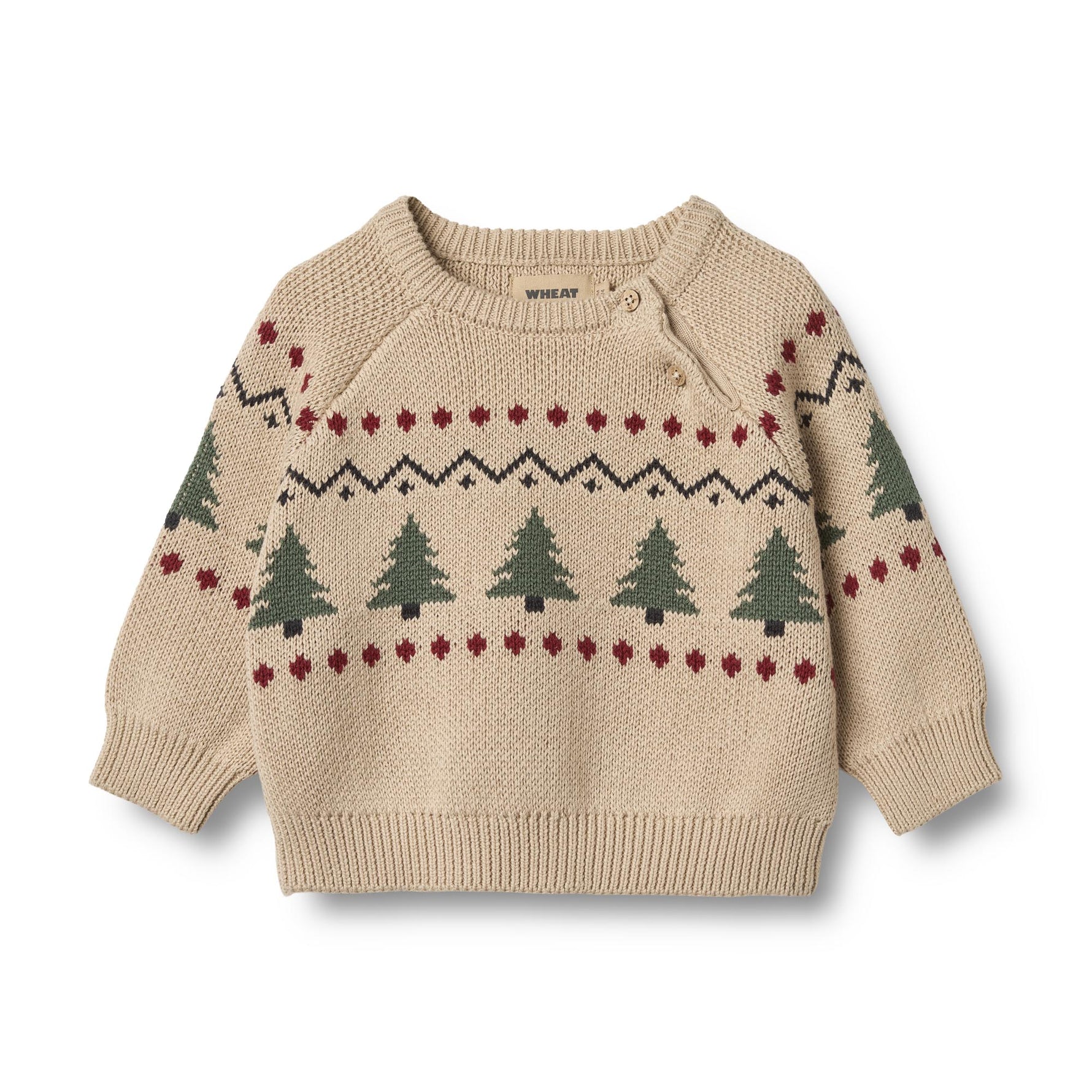 Der Jacquard Pullover Balou von WHEAT aus weicher Bio-Baumwolle bietet mit lockerem Schnitt und festlichem Weihnachtsprint genau den richtigen Komfort für spielerische Kinder. Mit elastischen Bündchen und zertifizierter Qualität ist er perfekt für gemütliche Wintertage.