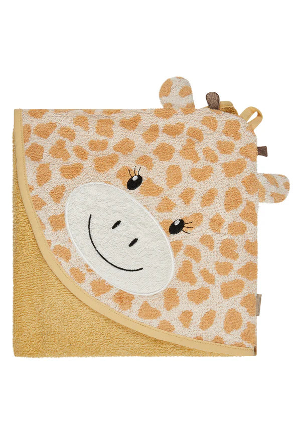Das Kapuzenbadetuch GIRAFFE Kaya aus weichem Frottee hält Babys warm und trocken. Die Kapuze schützt den Kopf, während das süße Giraffenmotiv und die 3D-Applikationen für Spaß sorgen. Mit 100x100 cm bietet es viel Platz und Komfort. Pflegeleicht und ideal für kleine Tierfreunde.