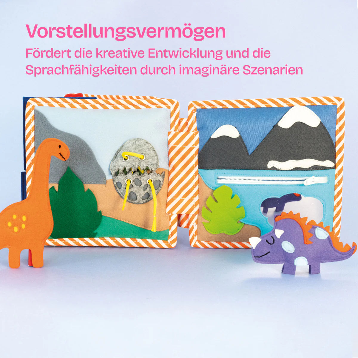 Das Mini Quiet Book "Dinofreunde" von Jolly Designs ist perfekt für Kinder ab 18 Monaten geeignet. Liebevoll handgefertigt aus hochwertigen, OEKO-TEX® zertifizierten Materialien, bietet dieses Buch sicheren Spielspaß und nimmt Kinder mit auf ein aufregendes prähistorisches Abenteuer.