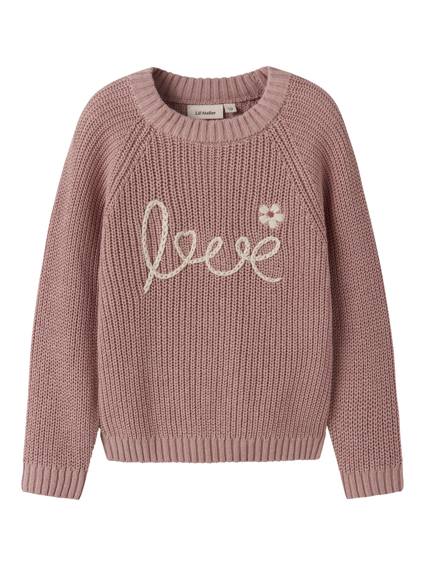 Das rosa Strickoberteil von Lil'Atelier besticht durch seinen liebevollen Love-Schriftzug und verleiht jedem Outfit eine charmante Note.