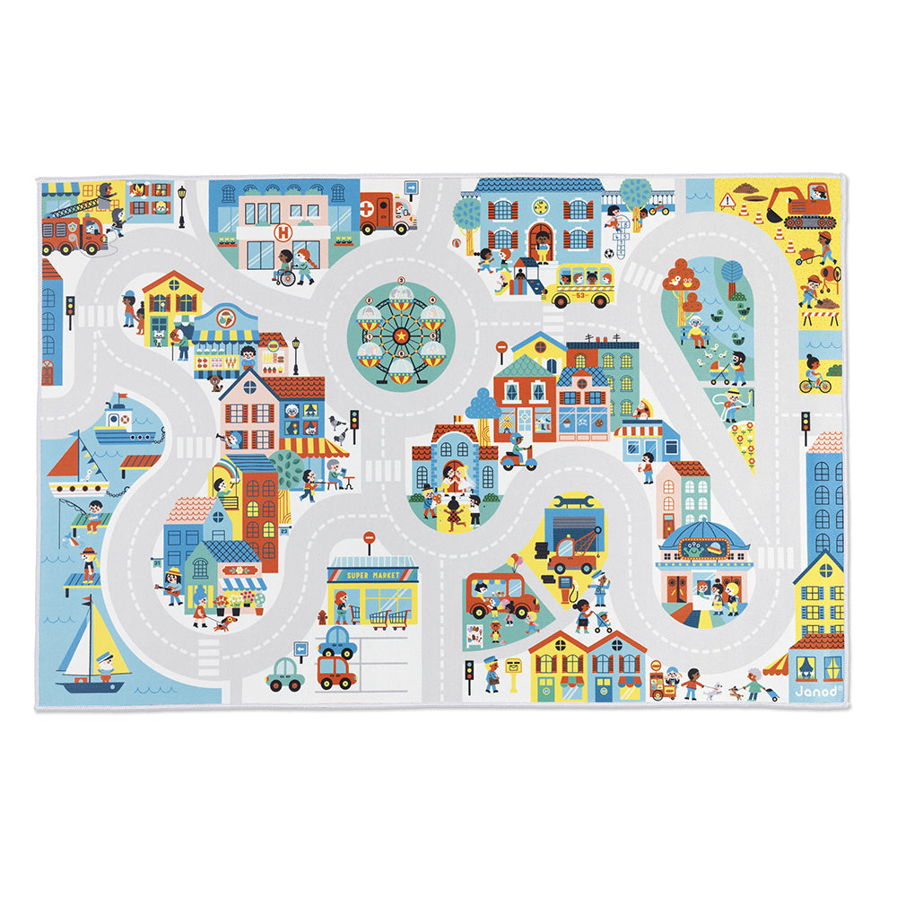 Willkommen in dieser bunten, wuseligen Stadt, in der sich an jeder Straßenecke eine Überraschung verbirgt! Dieser Spielteppich mit dem Stadtmotiv verfügt über eine breite und lange Straße, die dazu einlädt, jedes Viertel zu entdecken und sich die unterschiedlichsten Geschichten auszudenken!
Der Teppich regt die Phantasie an, ermöglicht es, den Wortschatz zu erweitern und fungiert außerdem als Suchbild. Findest du den Briefträger? Bringen Sie Ihrem Kind mit dem Stadtmotiv