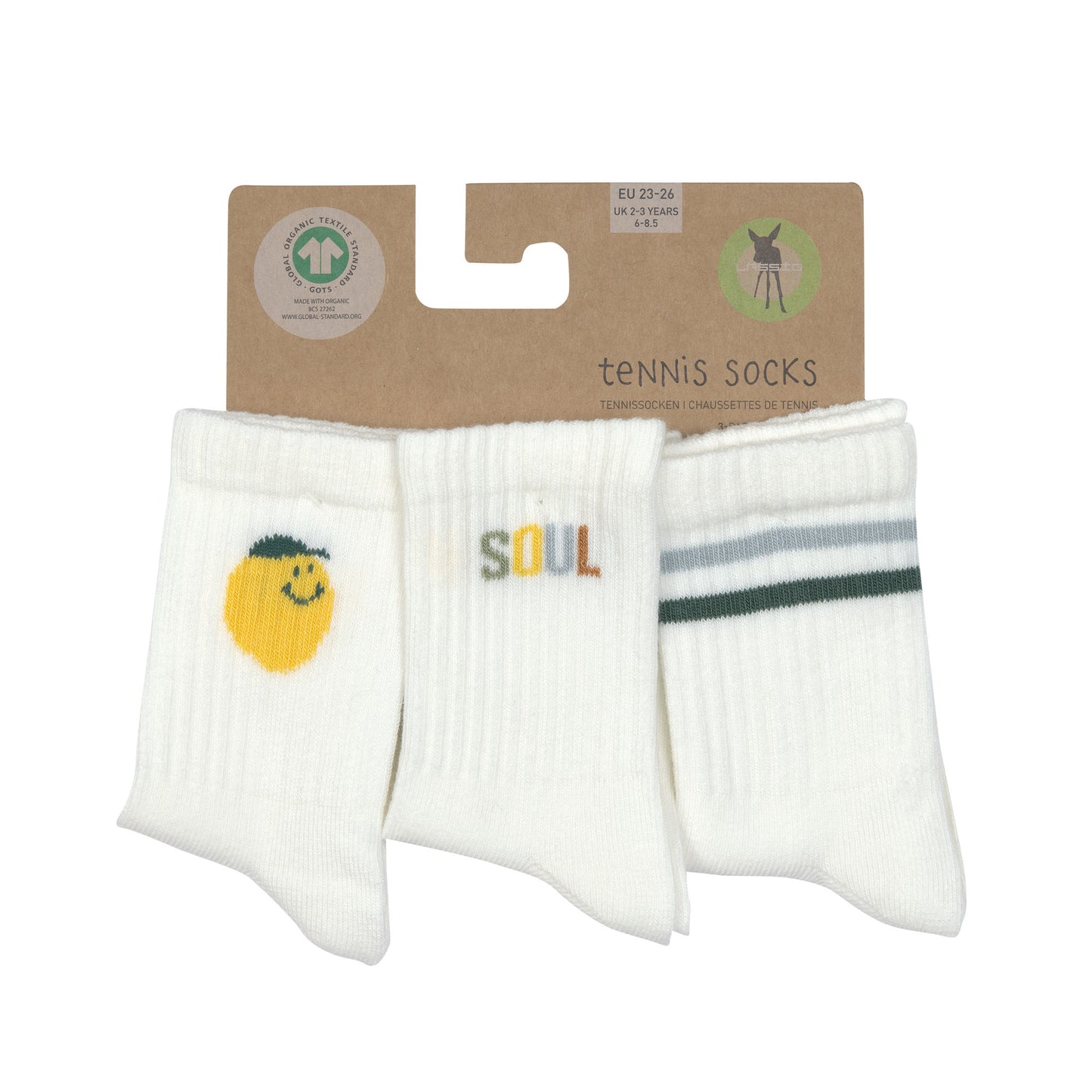 Die GOTS-zertifizierten Tennis Socks für Kinder,Design Lemon, mit einem hohen Anteil an Baumwolle (bio) machen jedes Outfit zum absoluten Hingucker. Die weichen Socken runden mit ihren fröhlich bunten Prints jeden Look ab.