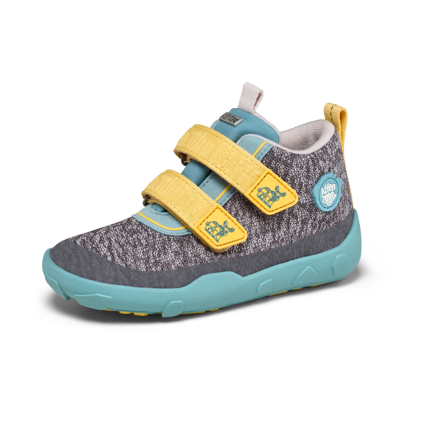 Der ideale Begleiter für die herbstliche Übergangszeit: Unser bunter Barfußschuh Happy von Affenzahn ist wasserdicht & kalt gefüttert. Einfach mit Klettverschlüssen auf und zu zumachen. - Obermaterial: bluesign®-zertifiziertes Polyester Knit