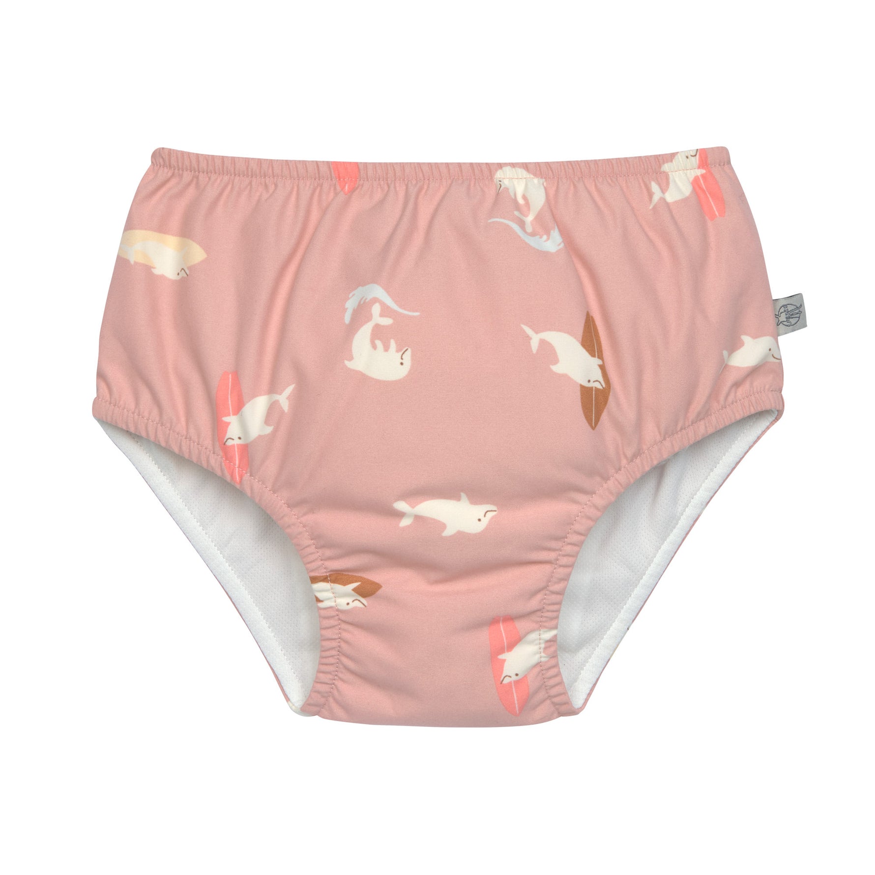 Die rosa Baby Schwimmwindel mit Delphin Print bietet eine schöne und umweltfreundliche Alternative zur Einwegwindel. Ihr saugfähiges Innenfutter hält die Kinderhaut trocken und größere Missgeschicke im Wasser auf. Geeignet von 3 Monaten bis 3 Jahren.
