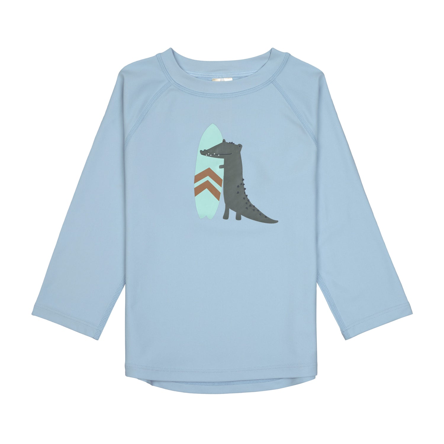 Das hellblaue, langärmelige Kinder UV Shirt mit UV-Schutz 60 kommt mit einem Crocodile Print und extra weichem Stoff. Das atmungsaktive und schnelltrocknende Material sorgt für eine angenehme Passform und Badespaß. Geeignet von 3 Monaten bis 3 Jahren.