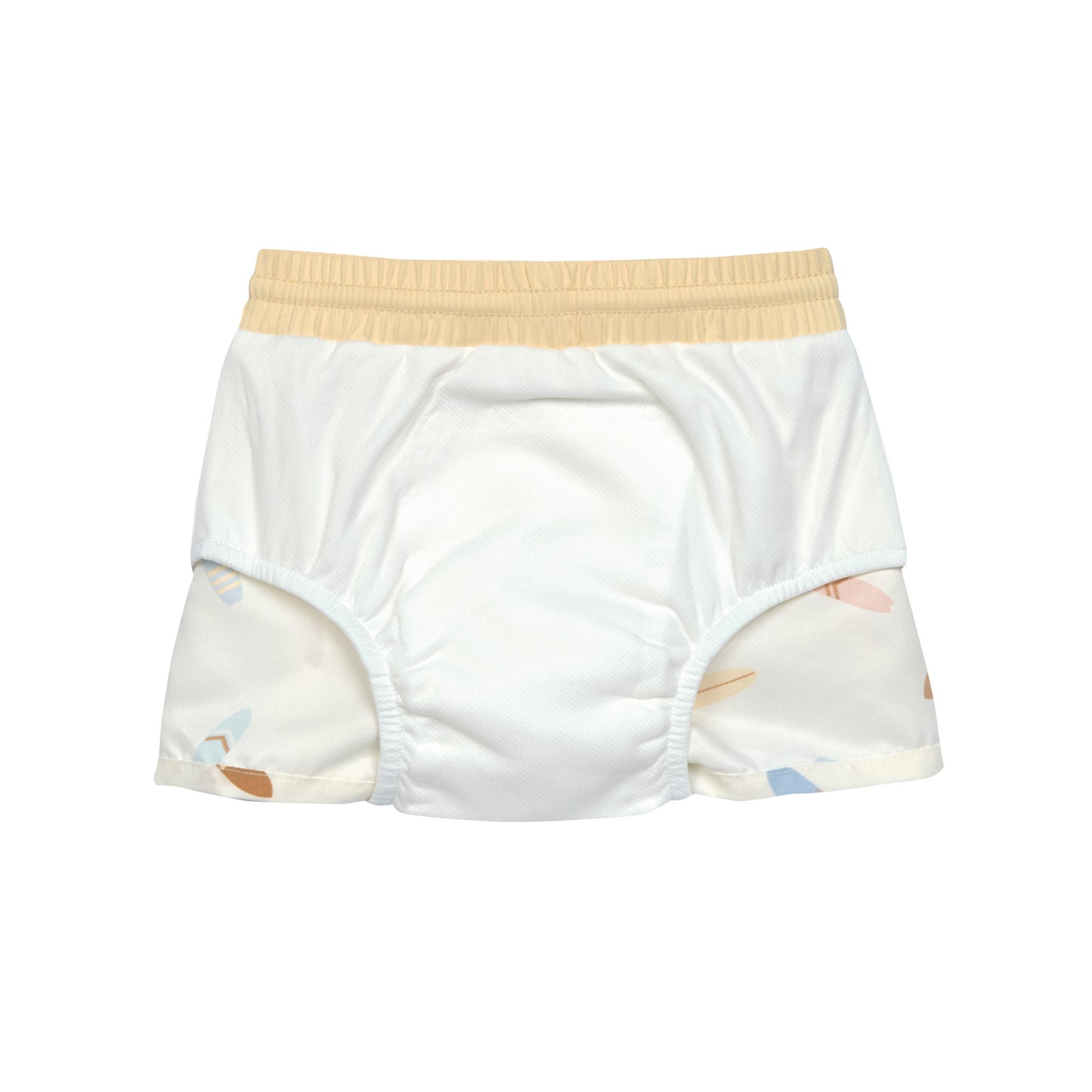 Die kurze Baby Badehose in Weiß mit Surfboard Print sorgt dank der integrierten Schwimmwindel, des breiten Bundes und der nahtlosen Verarbeitung im Inneren für ein angenehmes Tragegefühl und Badespaß. Geeignet von 7 Monaten bis 3 Jahren.