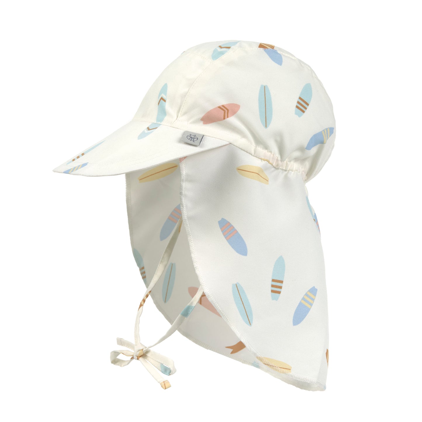 Der weiße Baby Sonnenhut mit extra langem Nackenschutz und UV-Schutz 80 schützt den Kopf, Nacken und die Augen von Babys und Kleinkindern. Das niedliche Surfboard Design und das schnelltrocknende Obermaterial sorgen für unbeschwerte Sommertage.