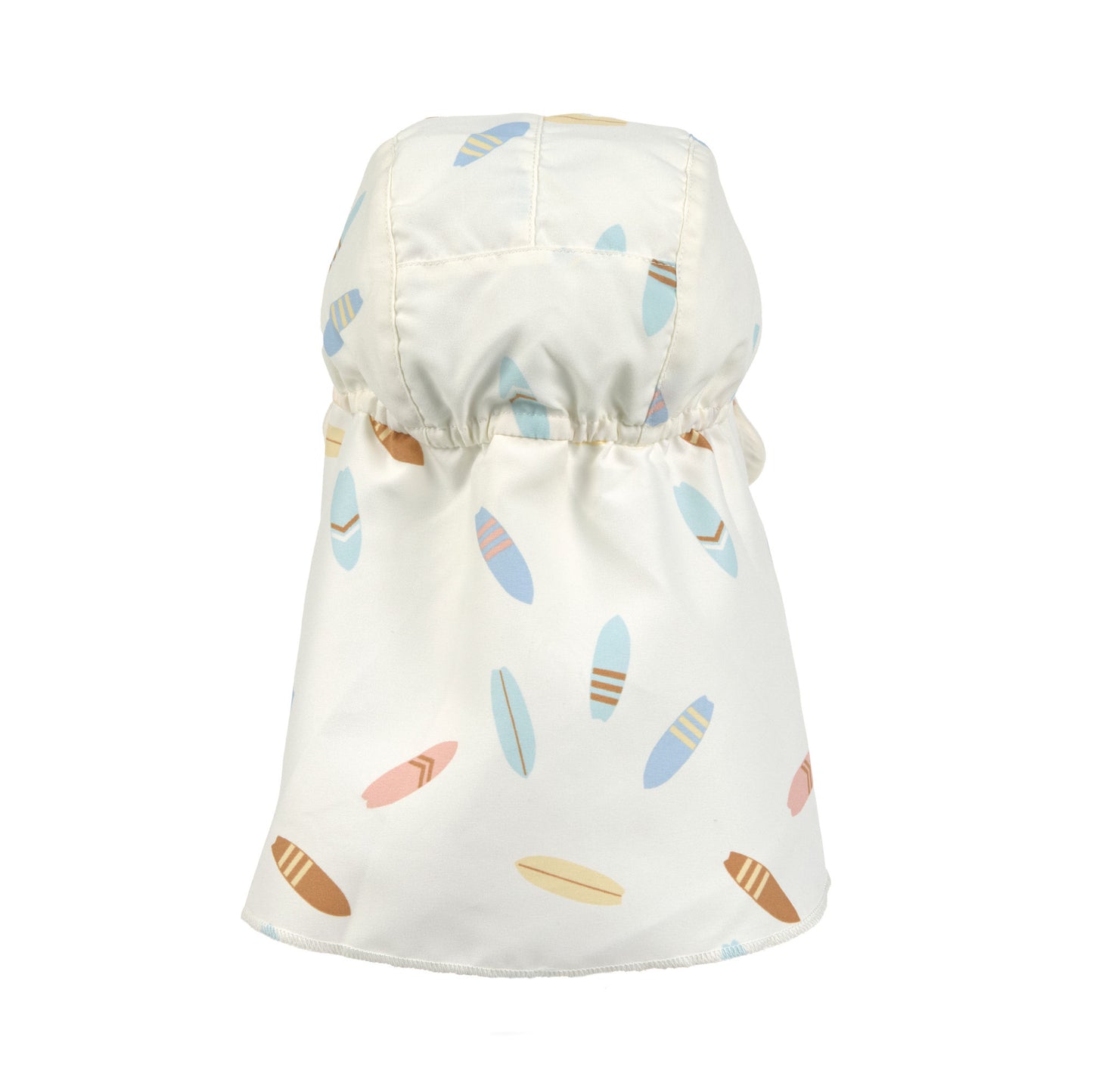 Der weiße Baby Sonnenhut mit extra langem Nackenschutz und UV-Schutz 80 schützt den Kopf, Nacken und die Augen von Babys und Kleinkindern. Das niedliche Surfboard Design und das schnelltrocknende Obermaterial sorgen für unbeschwerte Sommertage.