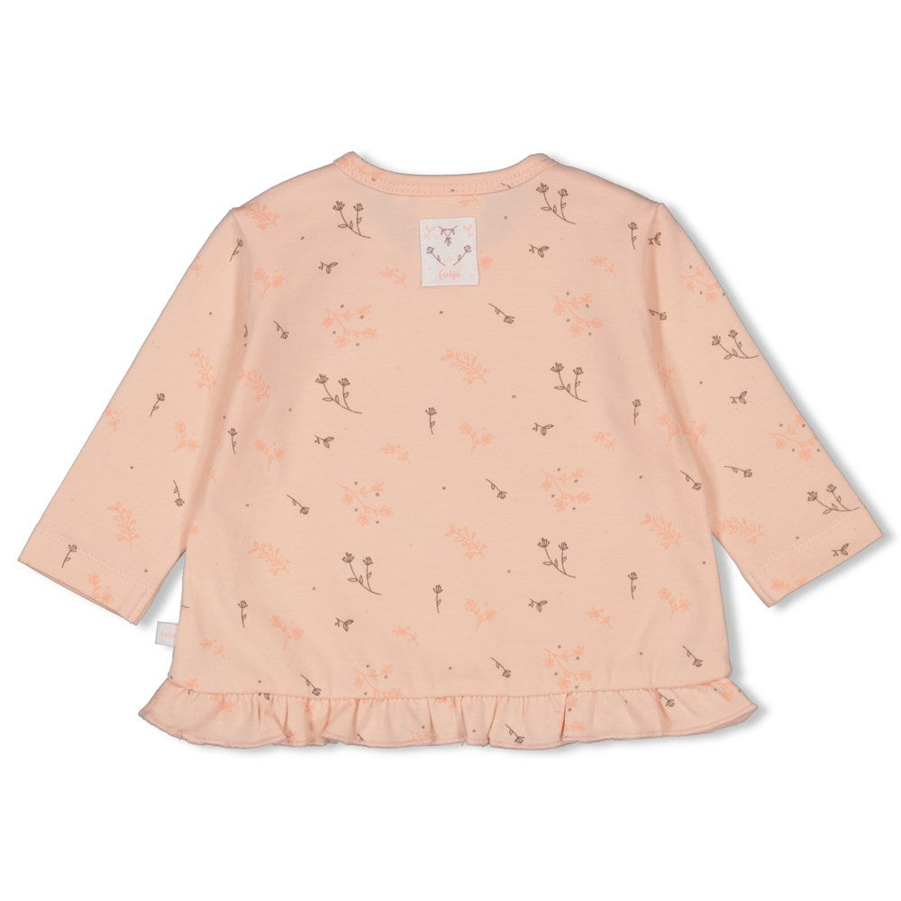 Langarmshirt in dezentem rosa mit Blumenaufdruck und Rüschen