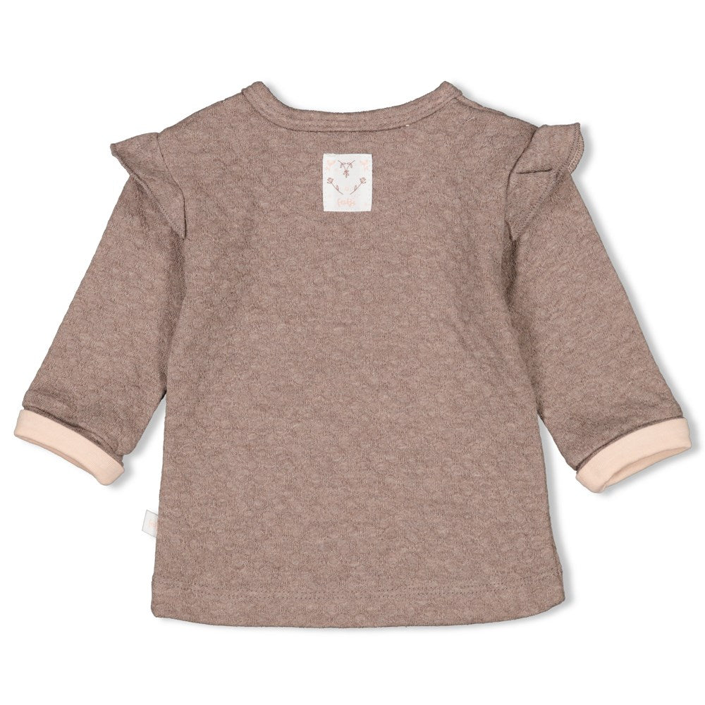braunmeliertes Langarmshirt mit kleinem Blumenaufdruck und Rüschen beim Ärmelansatz