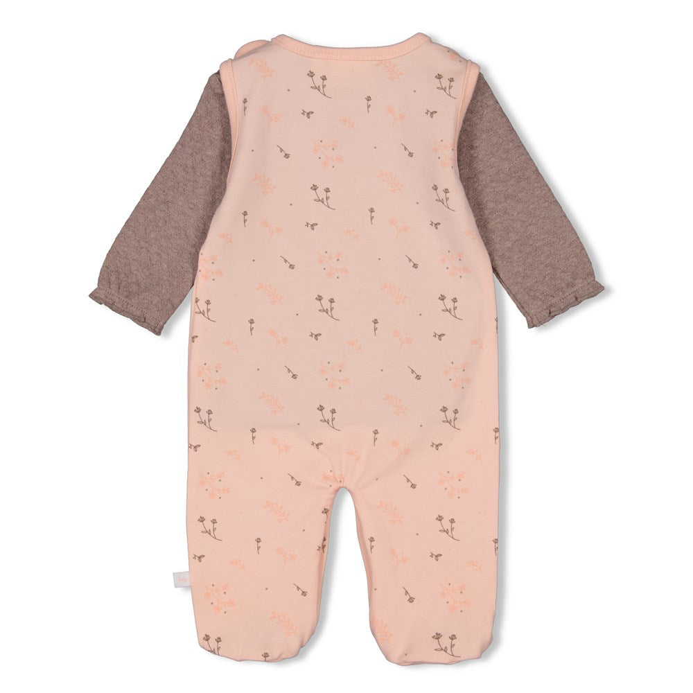 Strampler in rosa mit dezentem Blumendruck inkl. Langarmshirt braunmeliert
