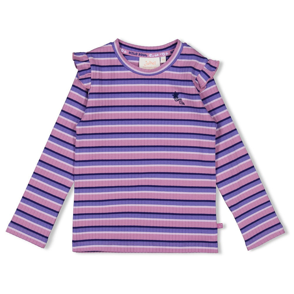Dieses langärmlige, gerippte Shirt aus der Wild Soul Kollektion von Jubel besticht durch seine lila Streifen und charmanten Rüschen an den Ärmeln – ein stilvolles Must-have für jeden Tag.