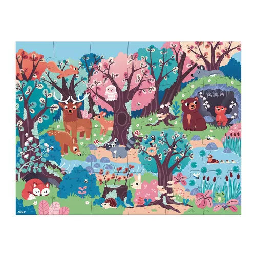 Dieses 24-teilige Puzzle zeigt nachtaktive Waldbewohner, die Kinder ab 3 Jahren mit einer speziellen Lampe entdecken können. Nach dem Zusammensetzen erscheinen Eulen, Eichhörnchen und Igel in leuchtenden Farben. Große Teile erleichtern das Greifen, und ein Poster hilft beim Legen. Hergestellt aus FSC®-zertifizierten Materialien, verbindet dieses Puzzle spielerisches Lernen mit magischem Entdecken.