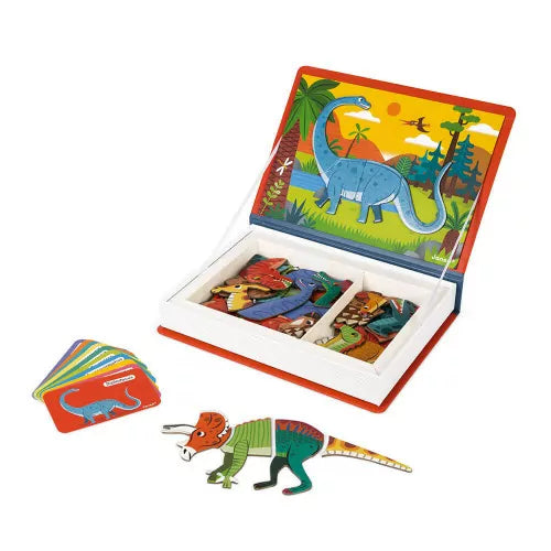 Magnéti'book „Dinosaurier“ ist ein pädagogisches Magnetbuch für Kinder ab 3 Jahren. Mit 40 Magneten und 10 Karten können Kinder Dinosaurier nachbauen oder eigene Kreaturen erschaffen. Das Spiel fördert Kreativität und Feinmotorik und besteht aus FSC®-zertifizierten Materialien. Ideal, um spielerisch die Welt der Dinosaurier zu entdecken.