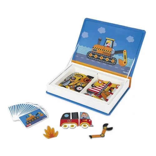 Das Magneti'Book „Fahrzeuge“ begeistert Kinder ab 3 Jahren mit 50 Magneten zum Bauen und Erfinden neuer Fahrzeuge. Ob Feuerwehrwagen, U-Boot oder Flugzeug – die 18 Modellkarten bieten vielfältige Bauideen. Das praktische Buchformat macht es ideal für unterwegs und fördert spielerisch Kreativität und Feinmotorik. Hergestellt aus FSC®-zertifizierten Materialien, ist es ein nachhaltiges Lernspiel für kleine Entdecker.