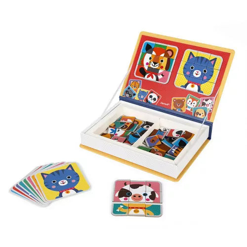 Magnéti'book „Mix & Match“ ist ein pädagogisches Magnetspiel für Kinder ab 3 Jahren. Mit 72 Magneten und acht Modellkarten können Kinder Tiere nachbauen oder eigene Fantasietiere kreieren. Das fördert Kreativität und Feinmotorik spielerisch. Hergestellt aus FSC®-zertifizierten Materialien, ist es sicher und umweltfreundlich. Ein unterhaltsames Lernspiel, das Kinder begeistert!