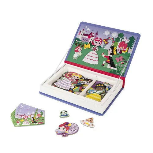 Magnetisches Variations- und Kombinationsspielzeug. Geeignet für Kinder (Mädchen) von 3-8 Jahren. Komplett mit reichhaltigem Zubehör.
Ein 55-teiliges Variationsset in mädchenhaften Farben und im hochwertigen Klappkarton verpackt. Es besteht aus 55 Magneten, die das Leben einer Prinzessin darstellen.
Diese lassen sich auf dem magnetischen Deckel anordnen. Die 7 Vorlagen zeigen, welche Erlebnisse die kleinen Prinzessinnen erfahren. Dadurch wird spielerisch die Vorstellungskraft und Kreativität Ihres Kindes