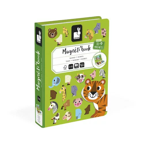 Ein ganzer Zoo in einem kleinen Kasten! Das Magneti'book Tiere enthält 30 Magnete, um viele Tiere zum Leben zu erwecken. Superpraktisch dank seines Buchformats: Ihr Kind muss es nur öffnen, um auf die Magnete sowie die 10 Vorlagenkarten und die magnetische Fläche, auf der die Magnete befestigt werden können, zuzugreifen.
Das Ziel des Spiels ist einfach: Das auf der Vorlagenkarte gezeigte Tier auf der magnetischen Fläche neu zusammensetzen oder die Teile nach Belieben kombinieren, um fantasievolle und lusti