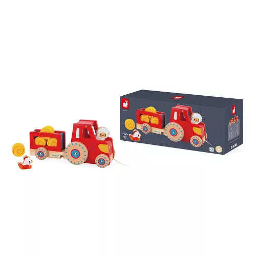 Dieser Nachzieh-Traktor aus FSC™-zertifiziertem Holz fördert ab 12 Monaten spielerisch die Grobmotorik Ihres Kindes. Mit abnehmbarem Anhänger und 6 Zubehörteilen lädt er zu fantasievollen Bauernhof-Abenteuern ein. Die geräuscharmen Räder sorgen für ruhigen Spielspaß – ideal, um Ihr Baby zum Bewegen zu motivieren. Einfach die Schnur greifen und losziehen!