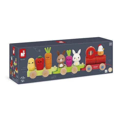 Vom Bauernhof bis zum Markt fährt man mit dem kleinen Zug! Ab 12 Monaten wird das Baby seinen Zug zum Ziehen lieben. Dieser Holzzug besteht aus drei Waggons und 19 Teilen, die zusammengebaut werden müssen.
Er ist sowohl ein Bauspielzeug als auch ein Nachziehspielzeug, das die Bewegung fördert. Teile stapeln oder eine Fahrt unternehmen: Warum sollte man sich entscheiden, wenn man beides tun kann?
In der spielerischen und farbenfrohen Welt des Bauernhofs entdeckt Ihr Baby mit Freude kleine Tiere (ein weißes