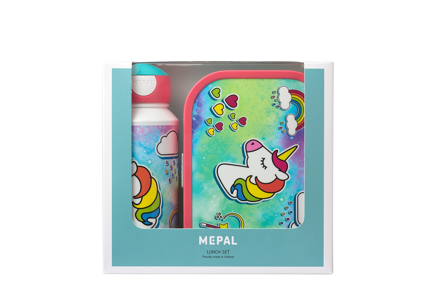 Dieses praktische Unicorn Set besteht aus einer Pop-up Trinkflasche und einer Brotdose inklusive Bento-Einsatz und Gabel. Die Pop-up Trinkflasche ist geradezu perfekt: Drücken und Trinken, so lautet das Prinzip dieser Trinkflasche. Die Flasche ist garantiert auslaufsicher und speziell für kleine Kinderhände entworfen. Die Brotdose bietet Platz für bis zu 4 Butterbrote und wird mit Bento-Einsatz und Fruchtgabel geliefert.