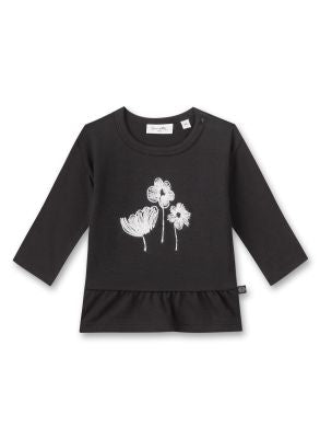 Bezauberndes Langarmshirt für kleine Mädchen von Sanetta Pure aus der Jubiläumskollektion in Dunkelgrau mit einem liebevoll gestickten Artwork aus kleinen Blümchen.