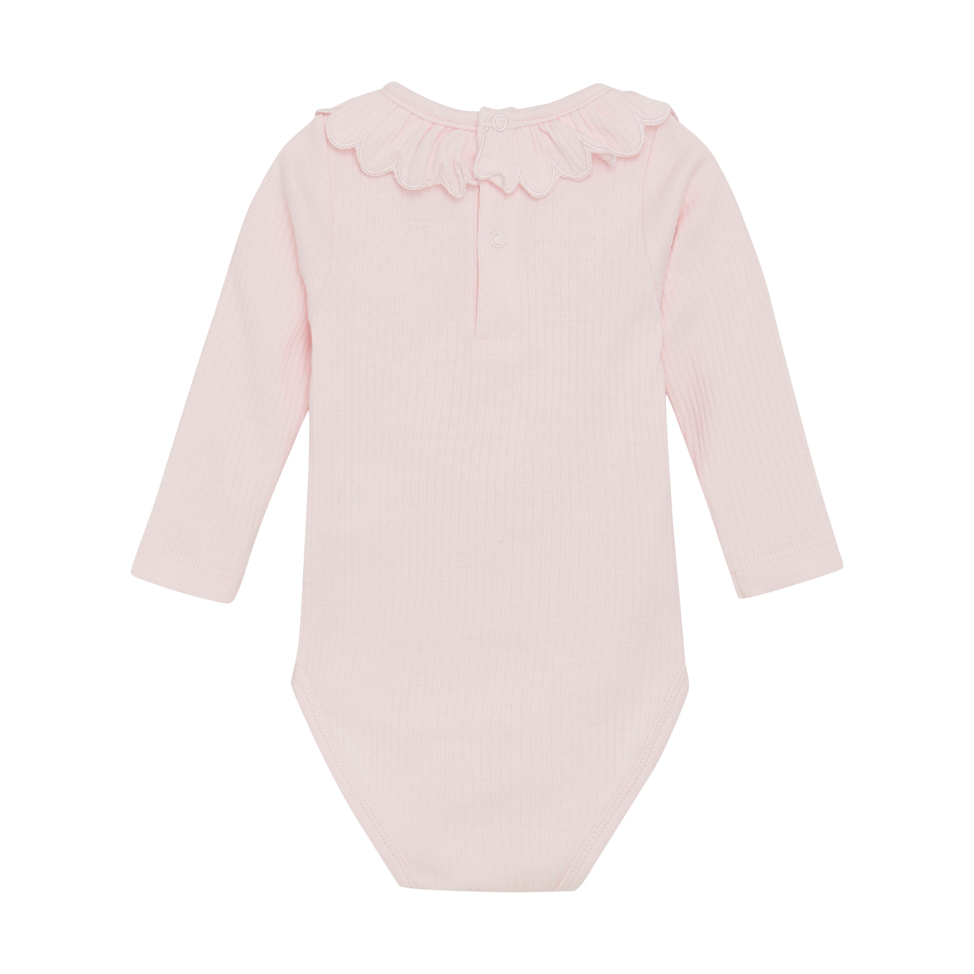 Dieser langärmlige Body von MINYMO in zartem Rosa besticht durch verspielte Rüschen und sorgt für einen charmanten Look.