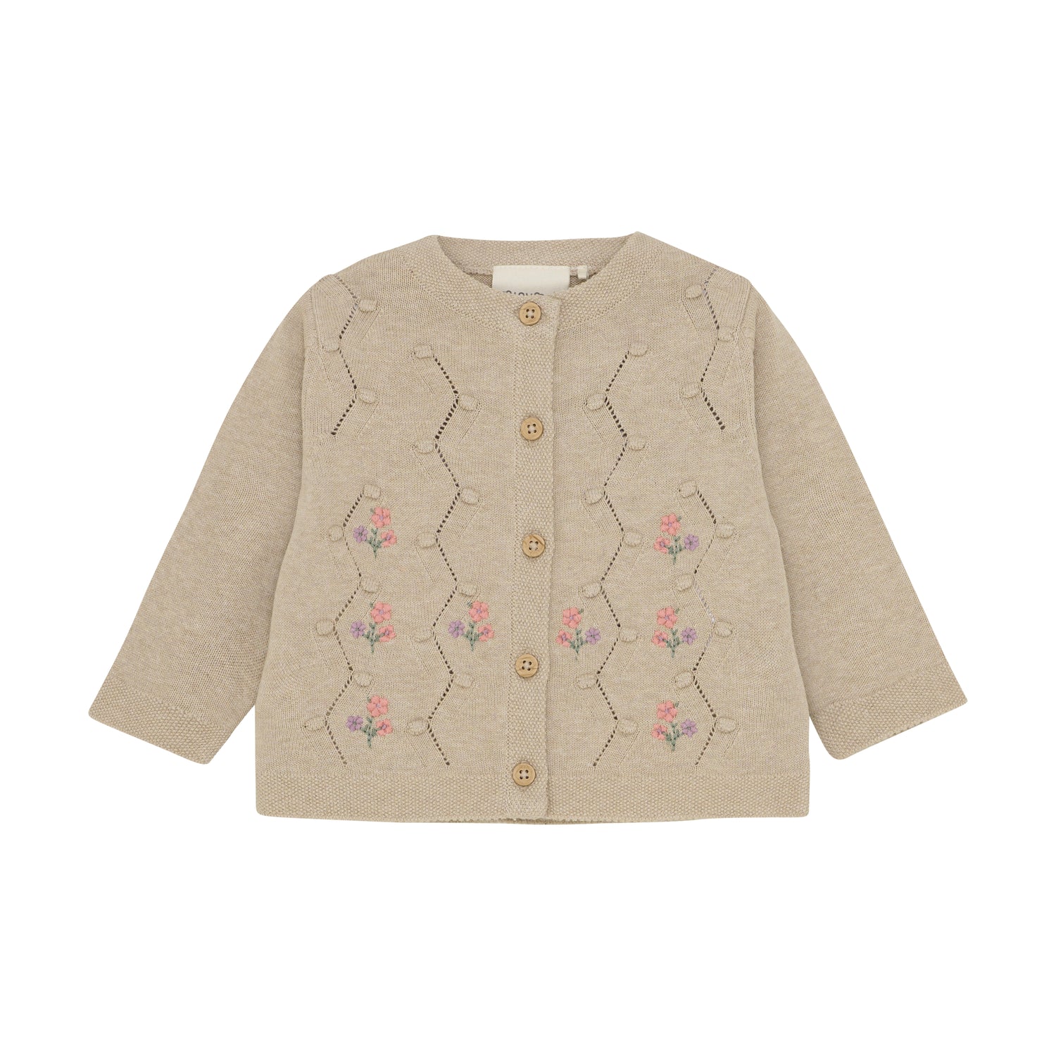 Der beige Cardigan von MINYMO besticht durch seine sorgfältig gearbeiteten Blumenverzierungen und verbindet zeitloses Design mit liebevollen Details.