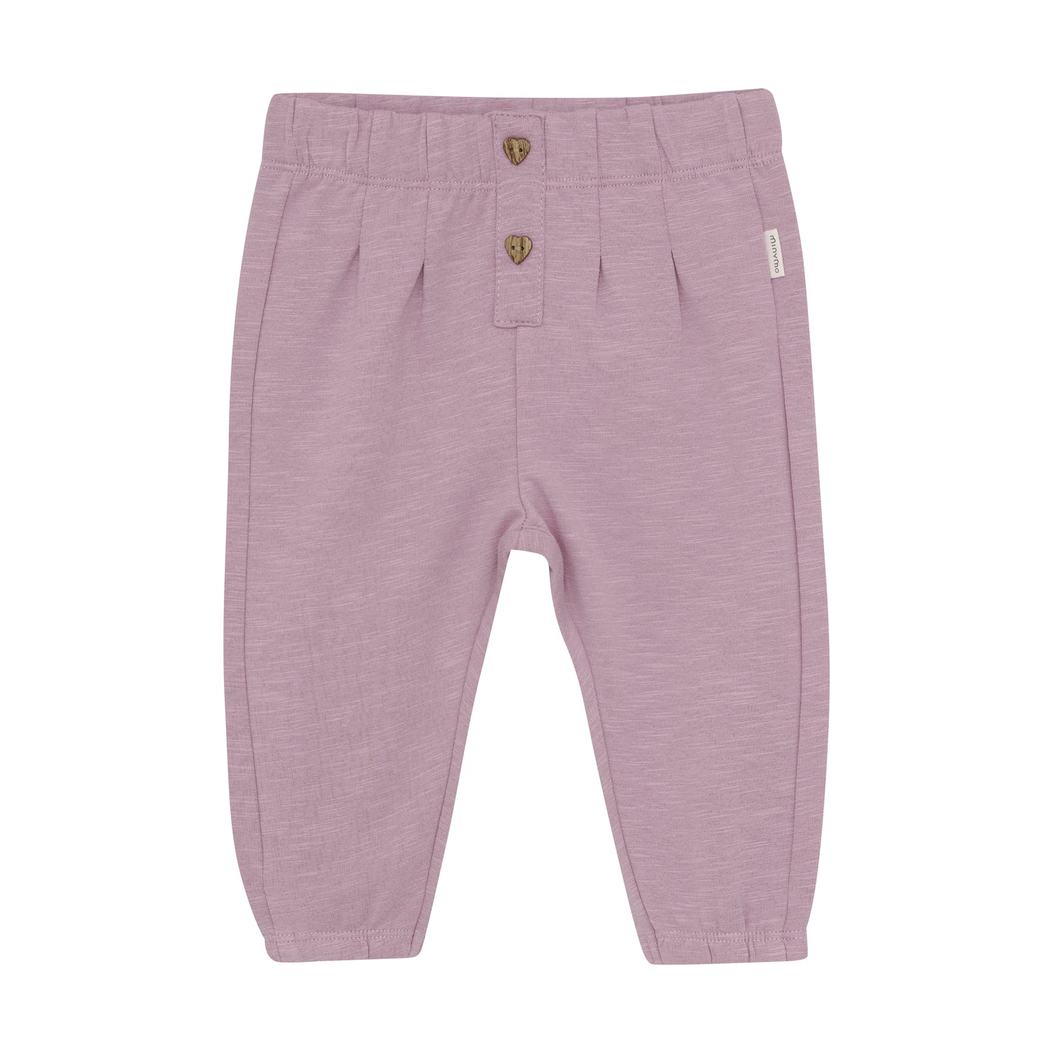 Entdecken Sie die lila Sweatpants von MINYMO, verziert mit charmanten herzförmigen Knöpfen – perfekt, um Komfort und Stil mühelos zu verbinden.