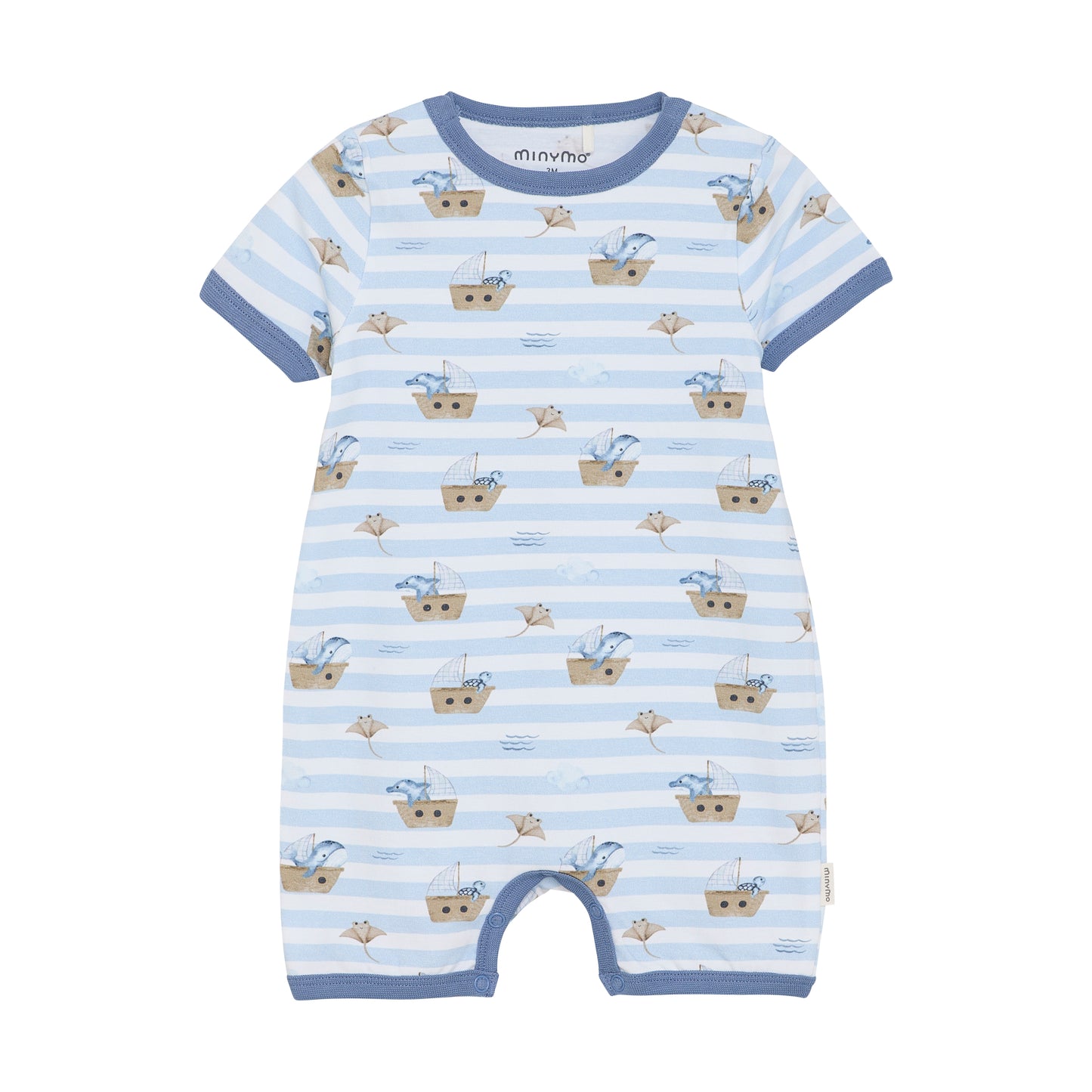Dieser blau gestreifte Body von MINYMO begeistert mit einem fröhlichen Meeresmotiv und sorgt für gute Laune beim Anziehen.