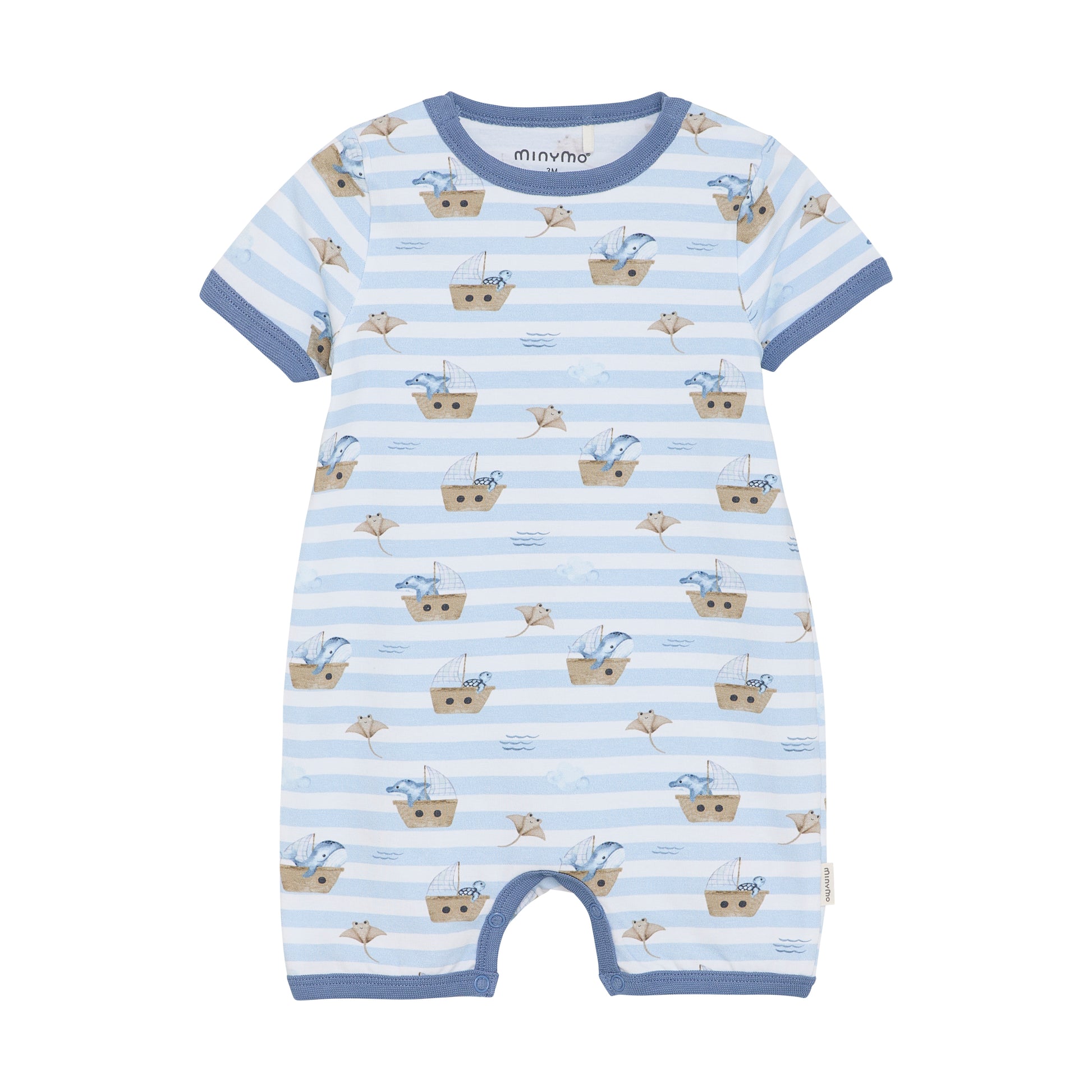 Dieser blau gestreifte Body von MINYMO begeistert mit einem fröhlichen Meeresmotiv und sorgt für gute Laune beim Anziehen.