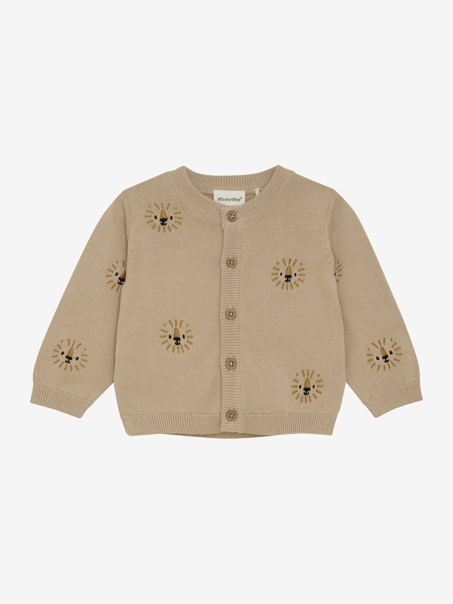 Eleganter beiger Cardigan von MINYMO, verziert mit dezenten, kleinen Löwenmotiven.