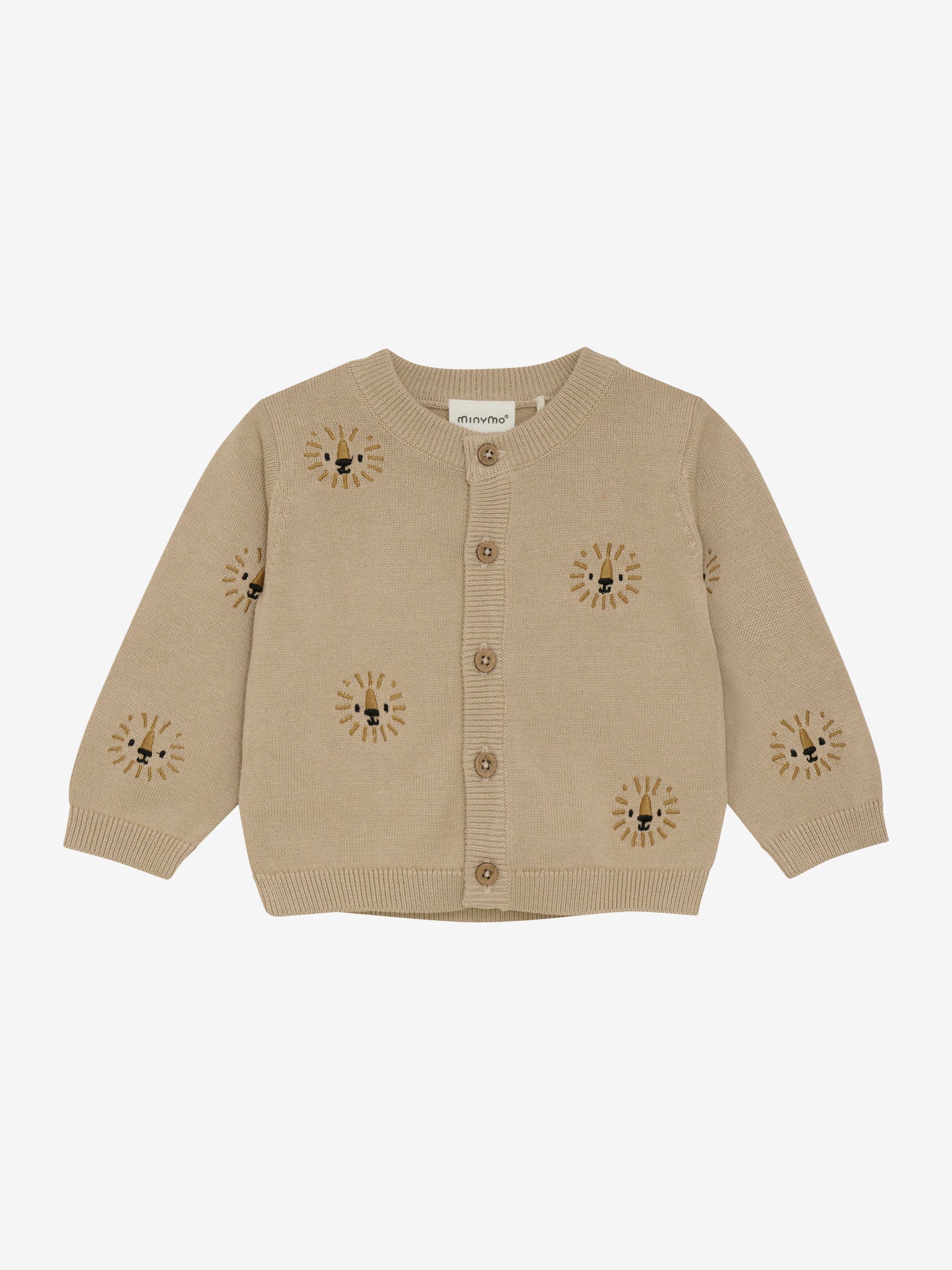 Eleganter beiger Cardigan von MINYMO, verziert mit dezenten, kleinen Löwenmotiven.