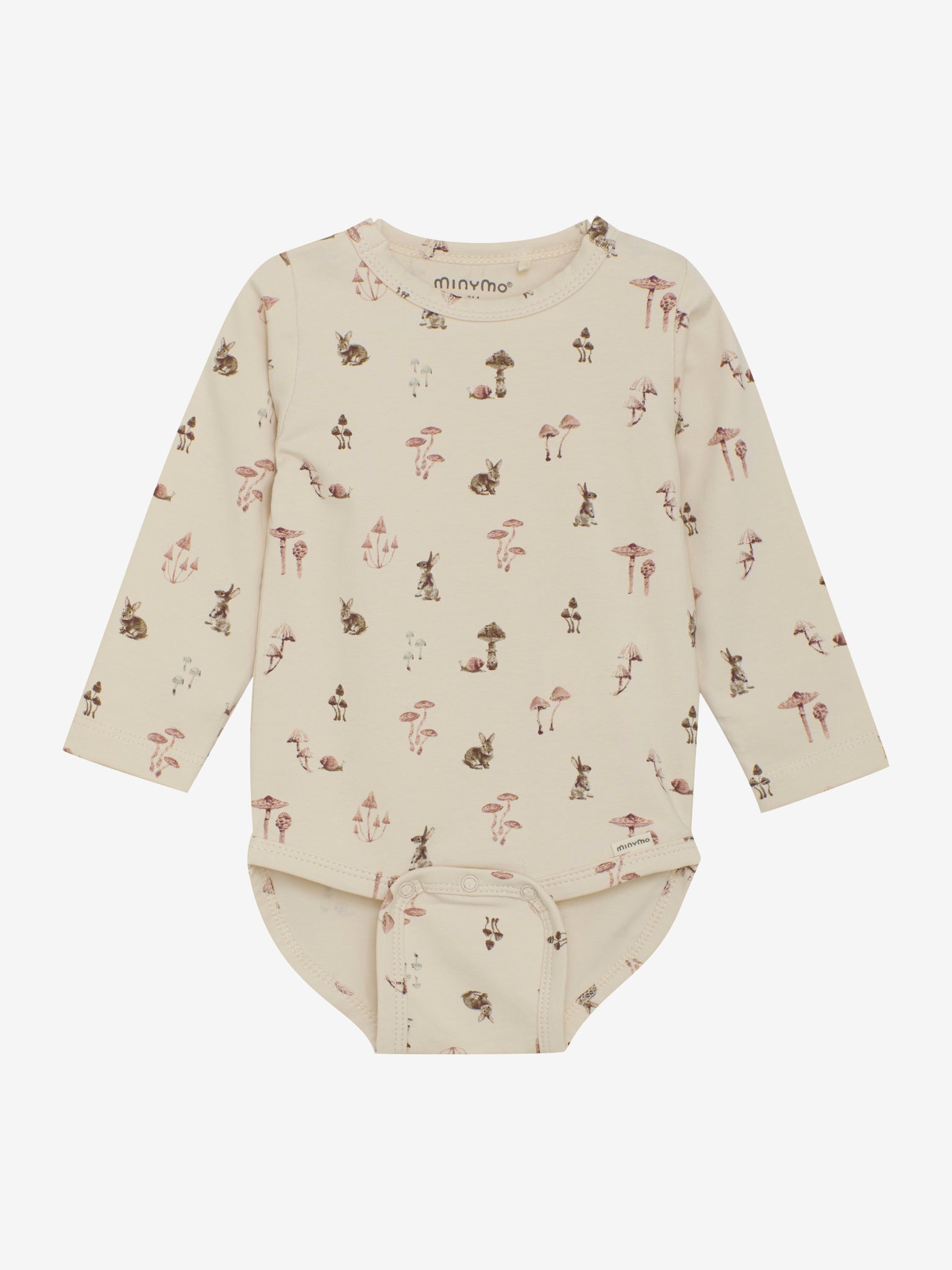 Dieser cremefarbene Body von MINYMO bezaubert mit einem verspielten Pilz- und Hasen-Design.